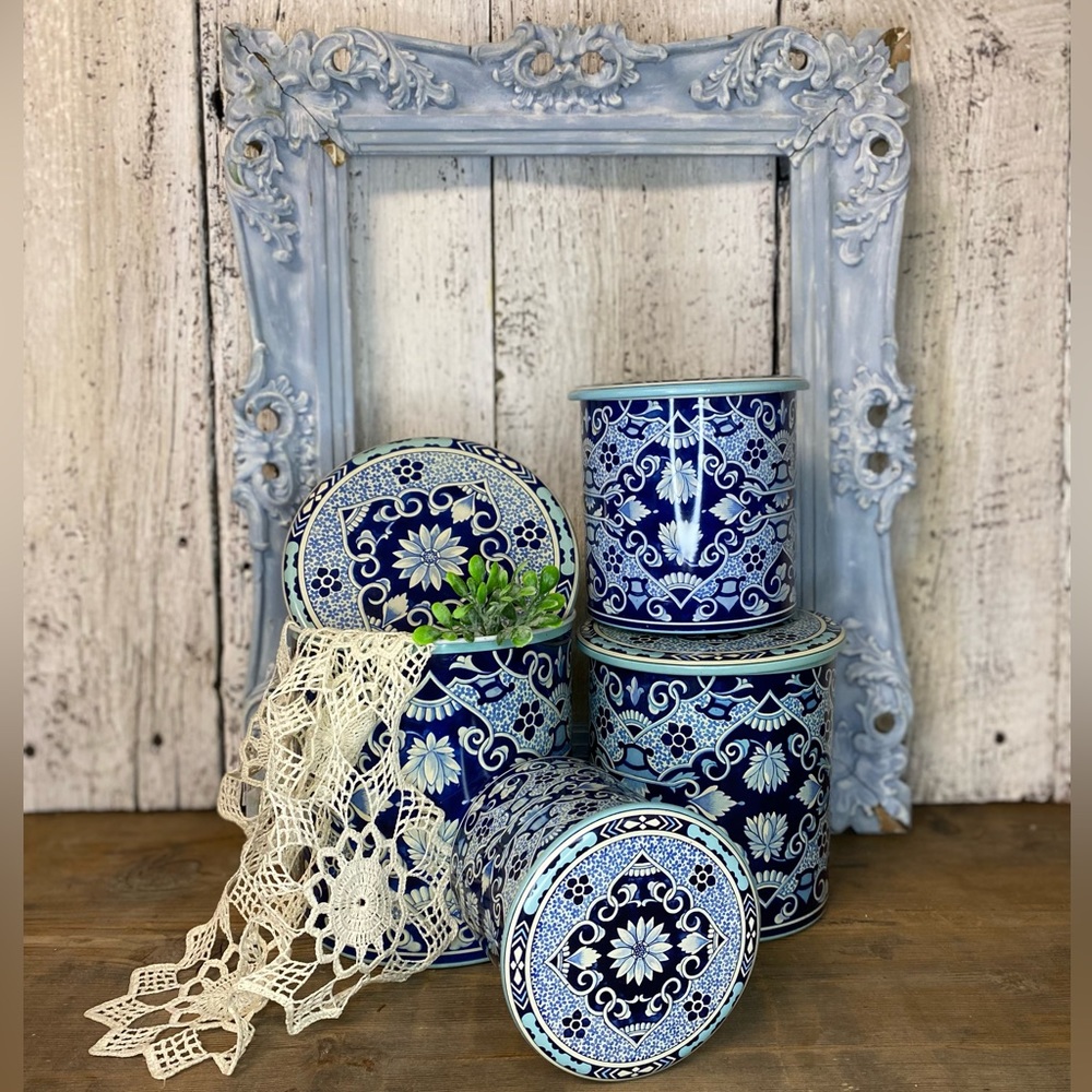Vintage Blue and White Delft Metal Canisters